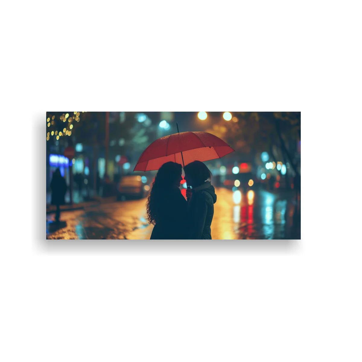 Cuadro pareja bajo un paraguas rojo en noche lluviosa