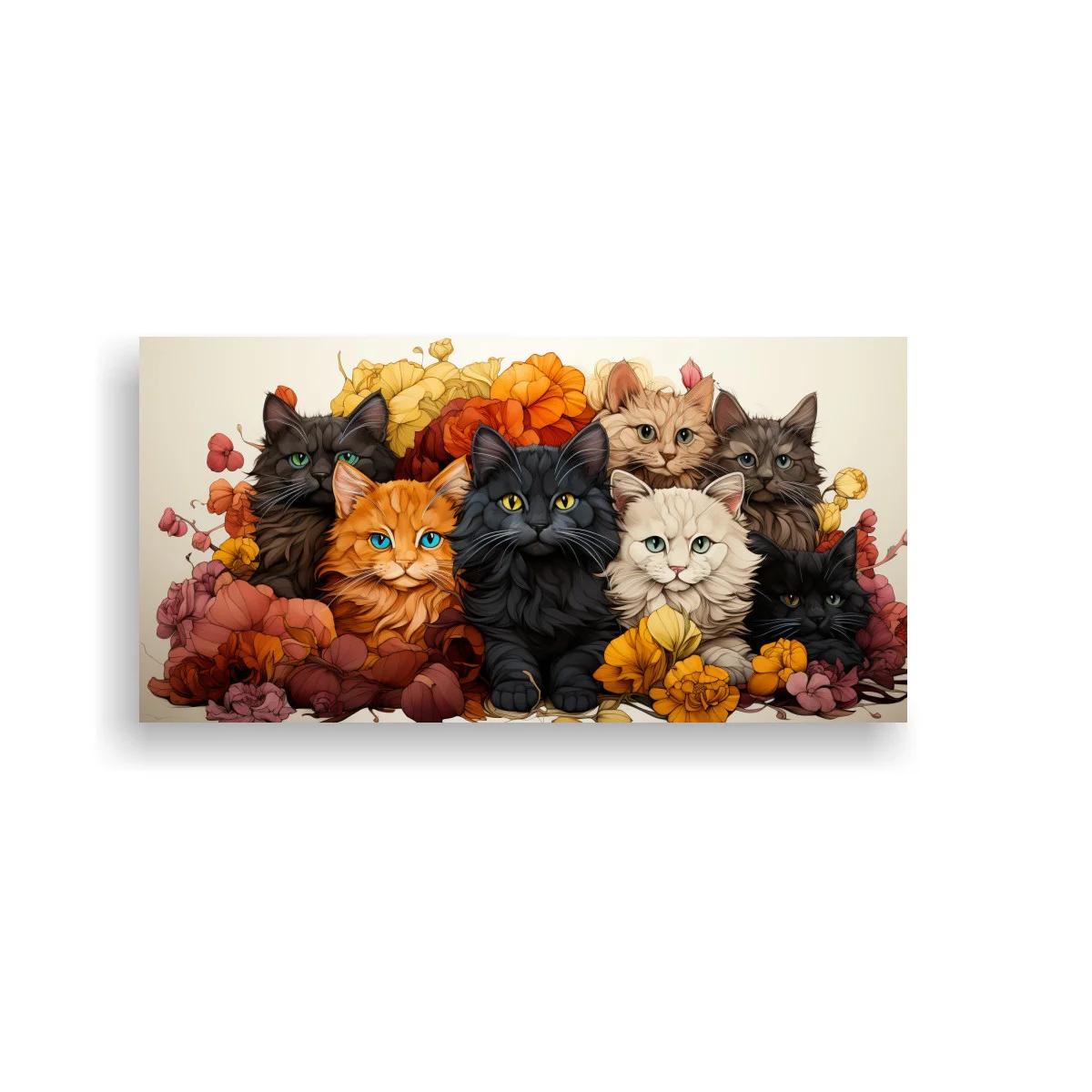 Cuadro grupo de gatos entre flores y hojas secas — imagen principal