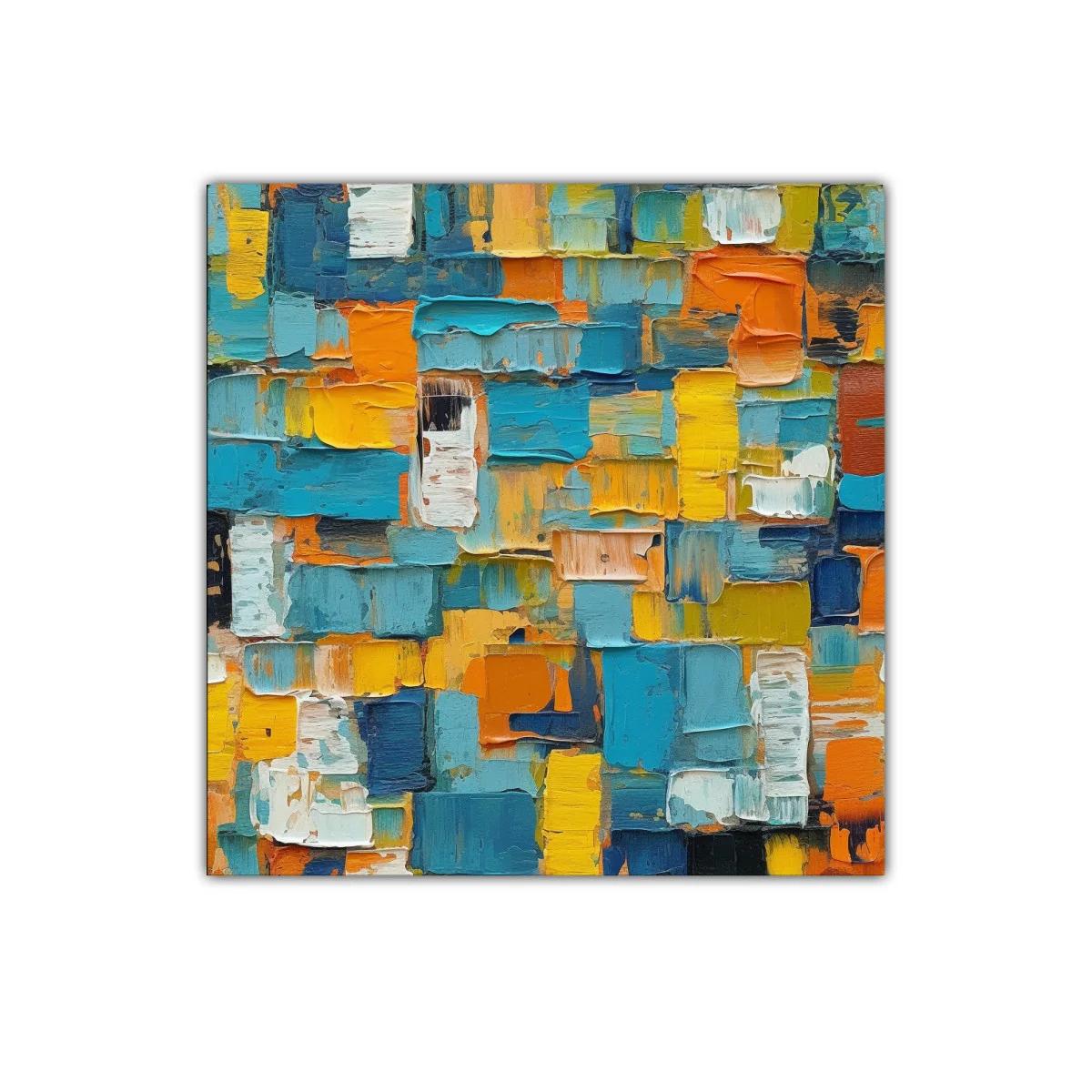 Cuadro decorativo abstracto en tonos azules y naranjas vibrantes
