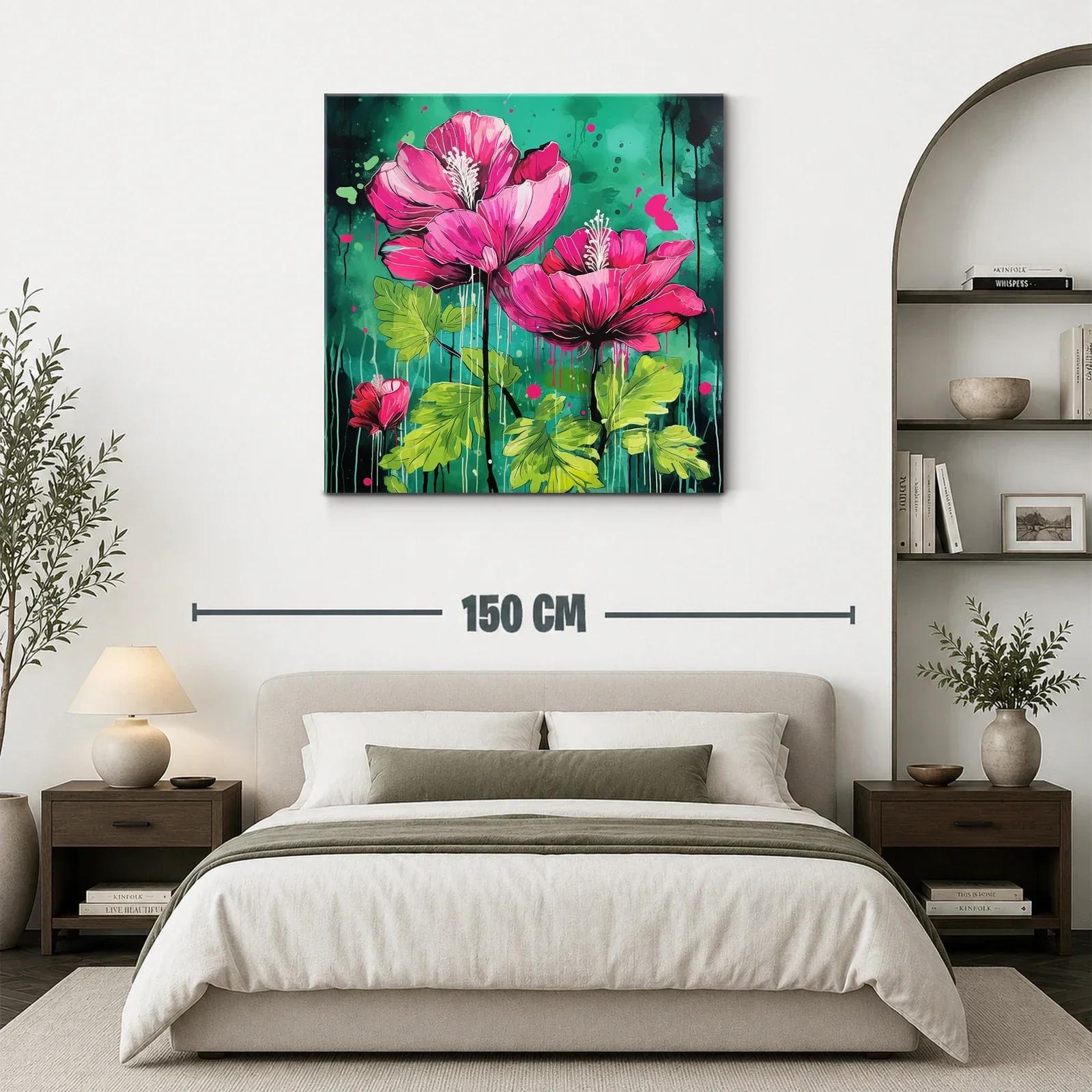 Cuadro vibrante con flores fucsias sobre fondo verde intenso — miniatura 3