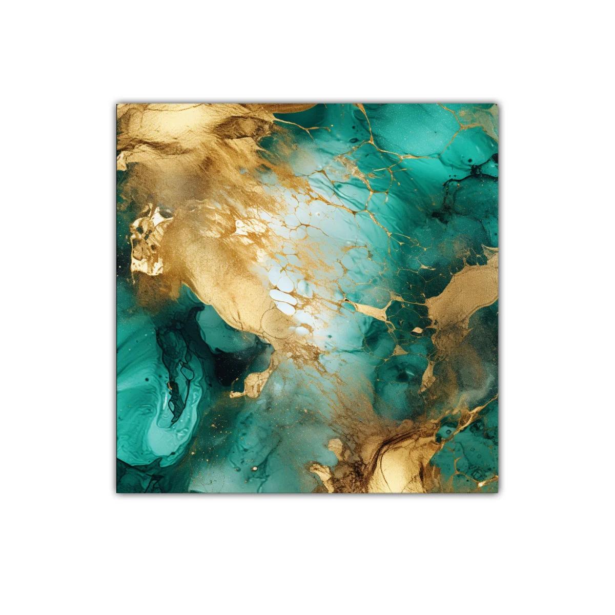 Cuadro abstracto con tonos dorados y verdes vibrantes