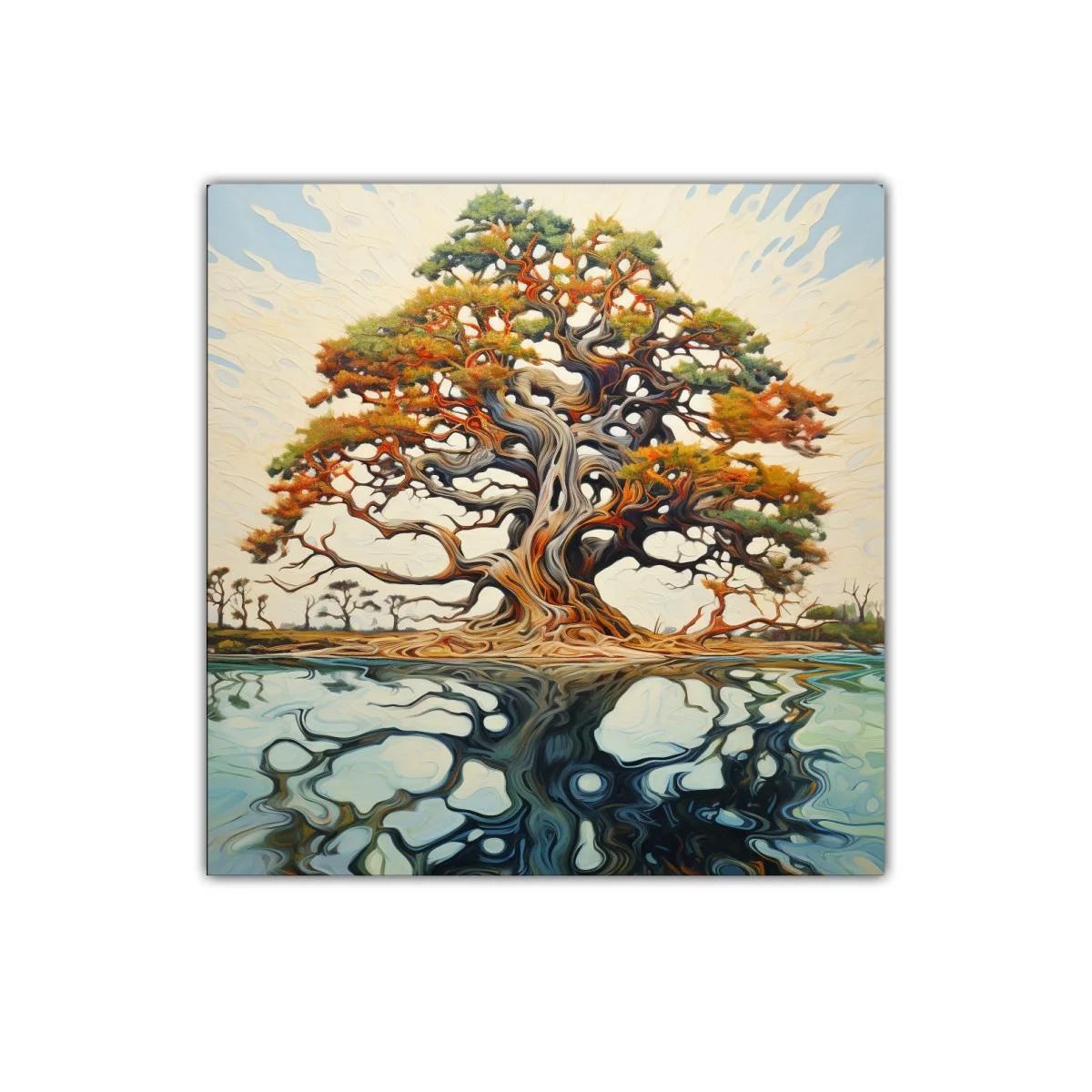 Árbol místico con reflejo en agua serena y colores cálidos