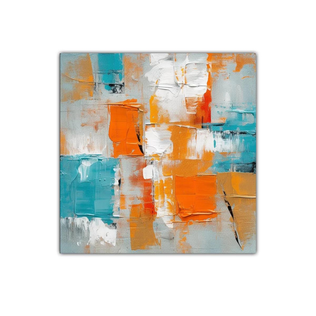 Cuadro abstracto con tonos naranjas y azules vibrantes