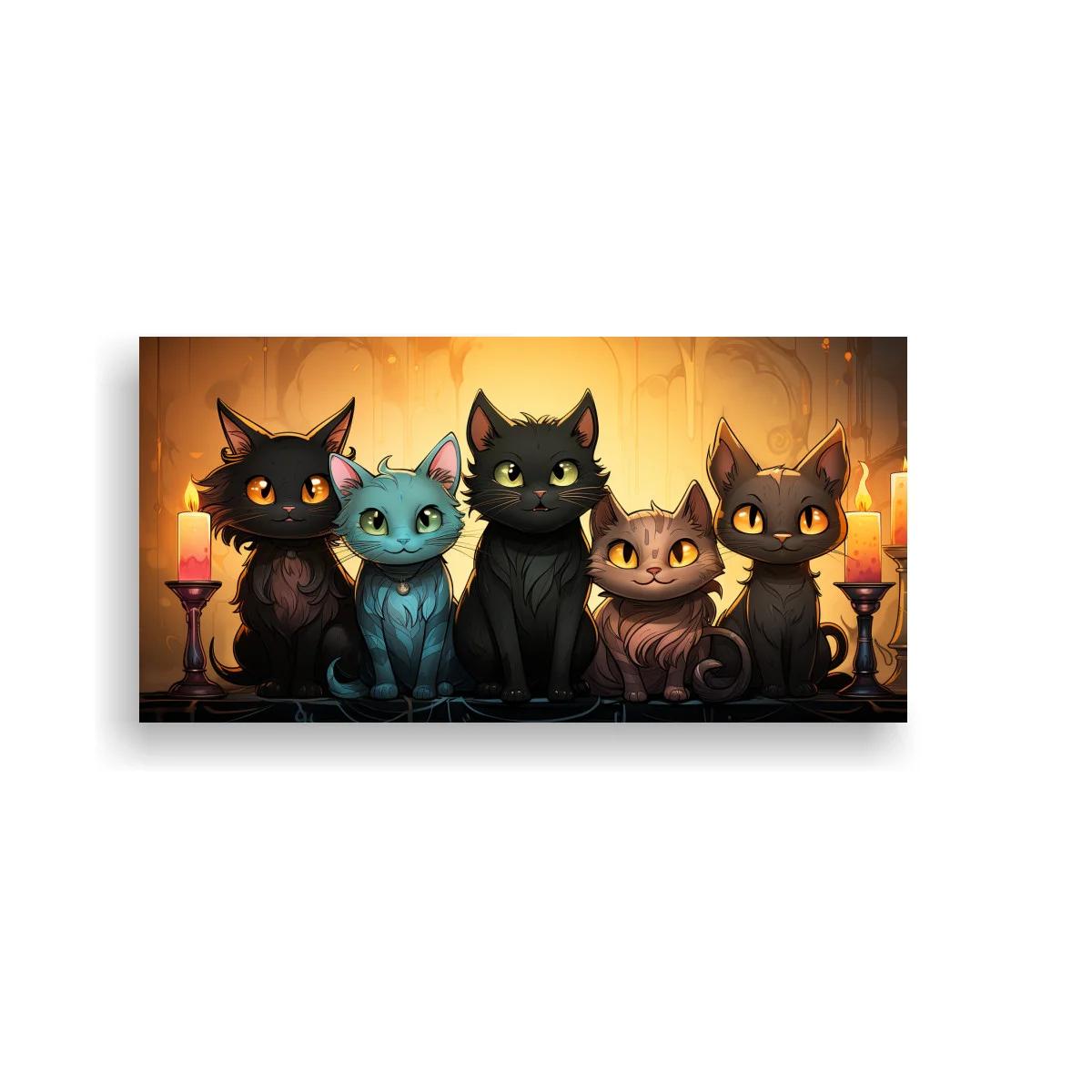 Cuadro de cinco gatos con candelabros y velas