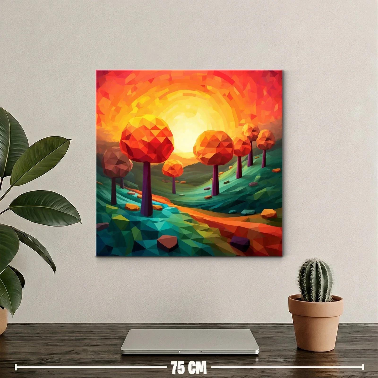 Paisaje geométrico con árboles naranjas al atardecer — miniatura 2