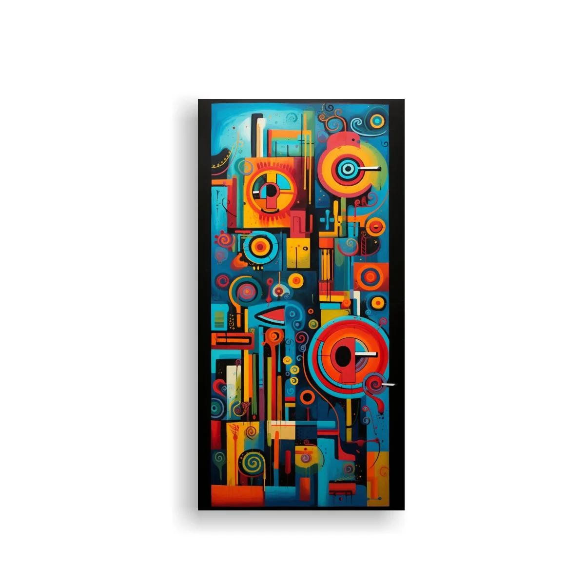 Cuadro abstracto de círculos concéntricos y barras en tonos retro