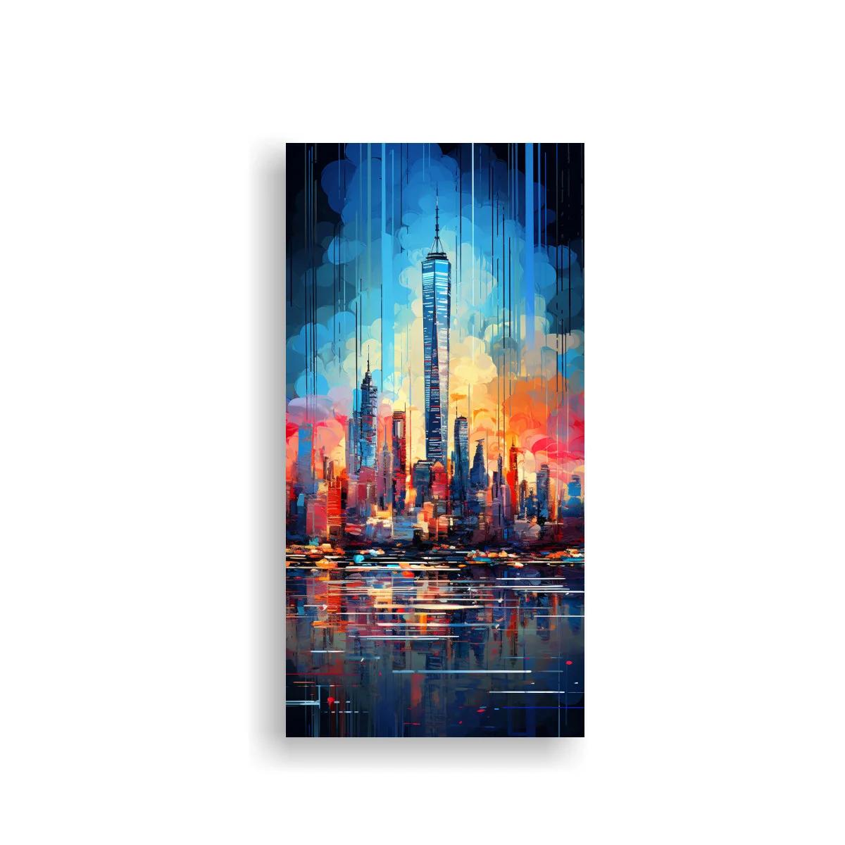 Cuadro skyline urbano con torre esbelta y cielo naranja