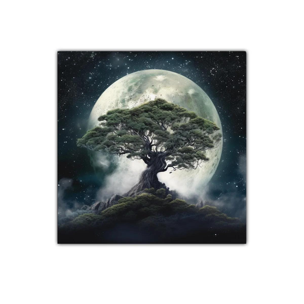 Árbol majestuoso bajo la luna llena en noche estrellada — imagen principal