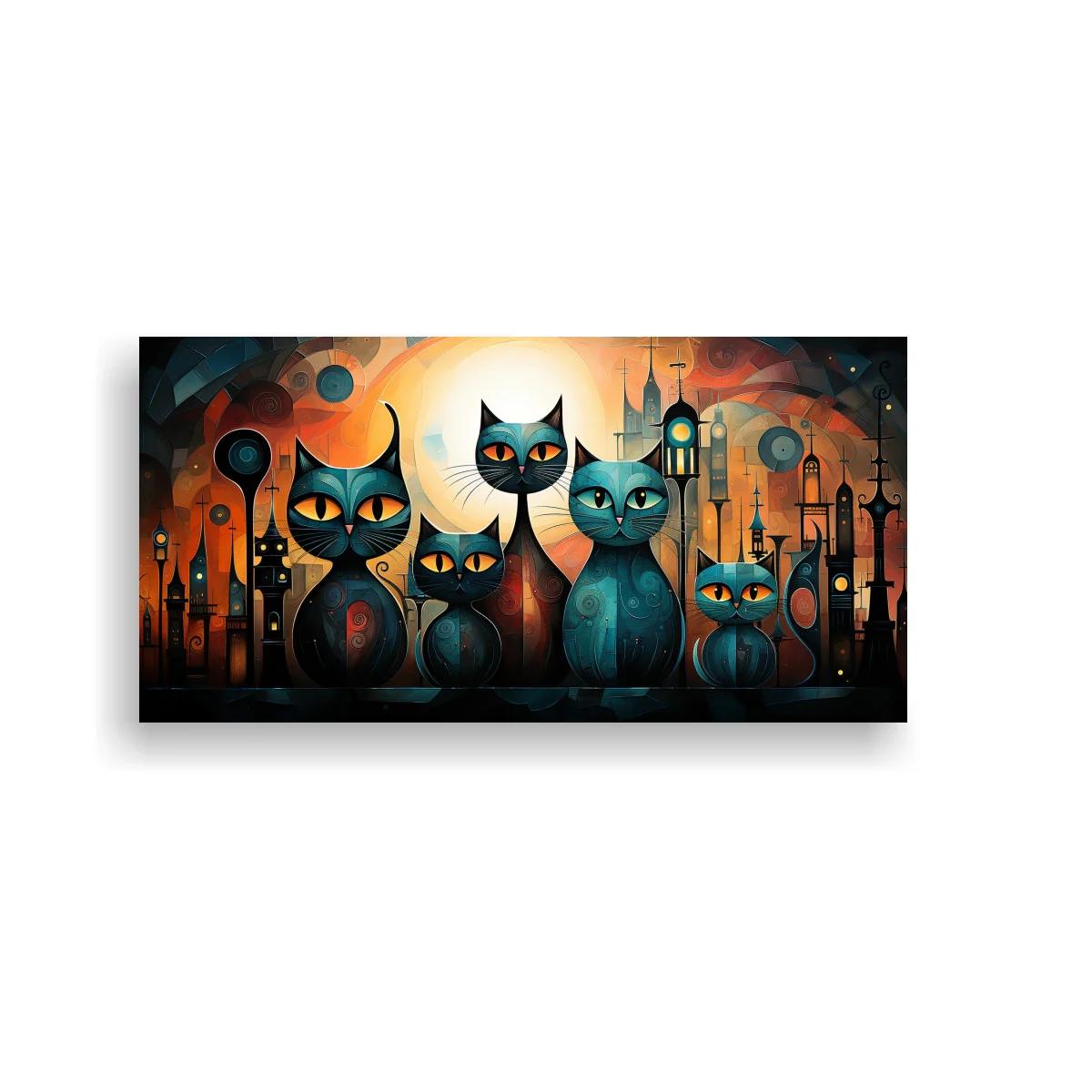 Cuadro gatos negros y turquesa con ciudad fantástica y luna luminosa
