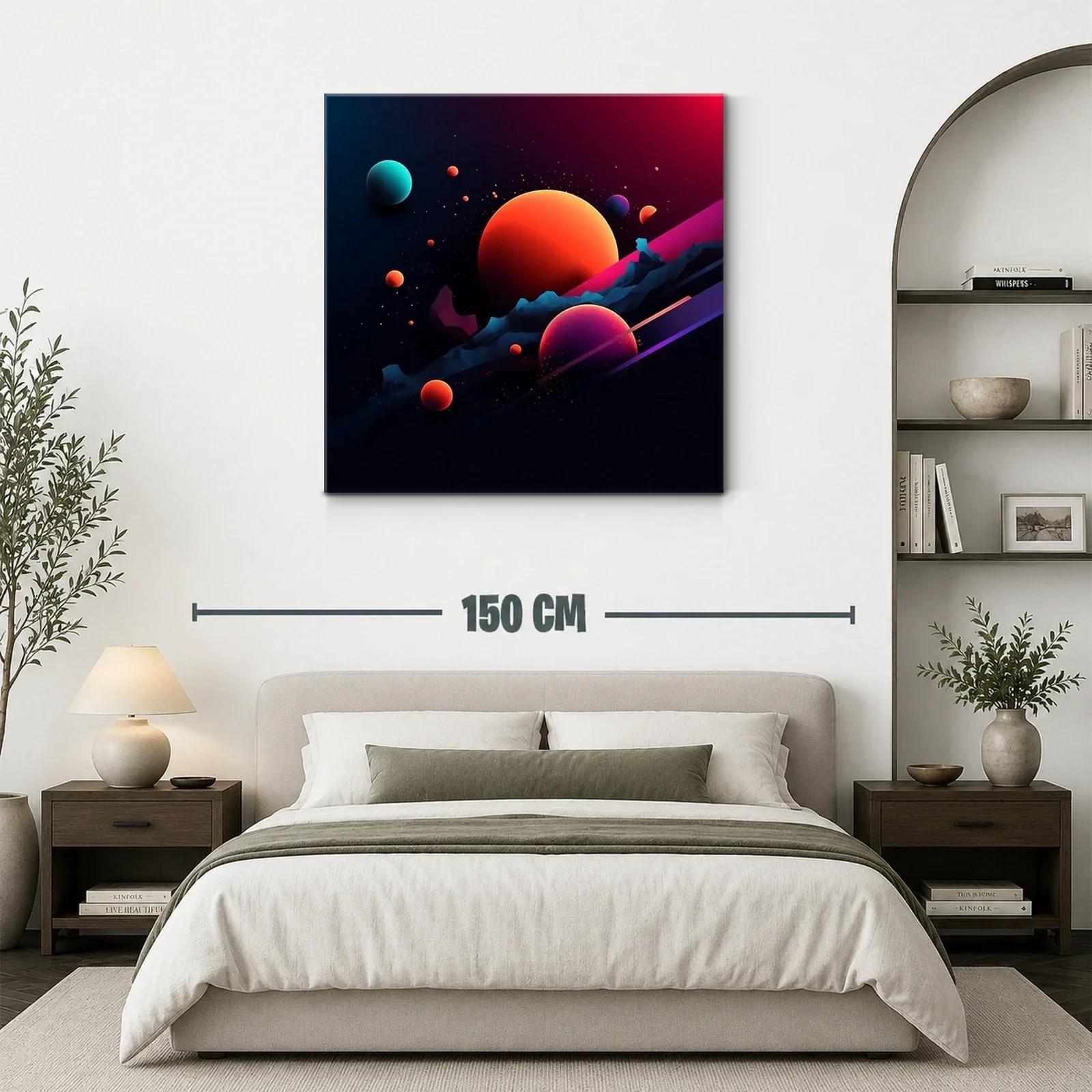 Cuadro abstracto con planetas vibrantes en espacio oscuro — miniatura 3