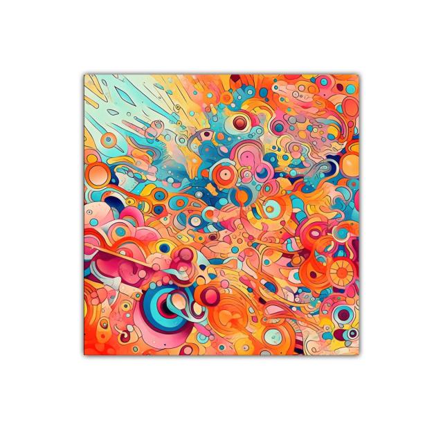 Cuadro abstracto con motivos circulares y colores vivos