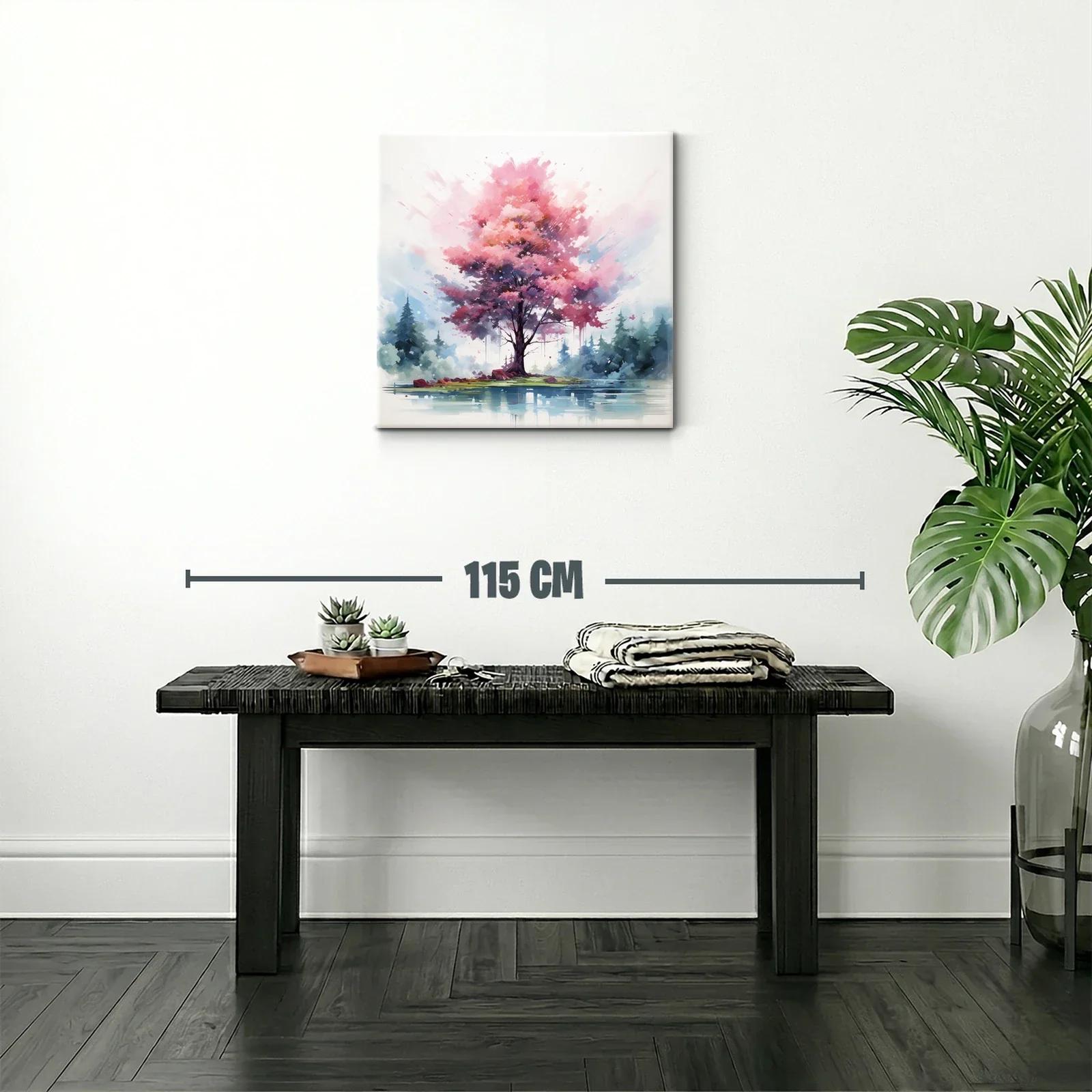 Árbol rosa vibrante junto a lago en paisaje sereno — miniatura 2