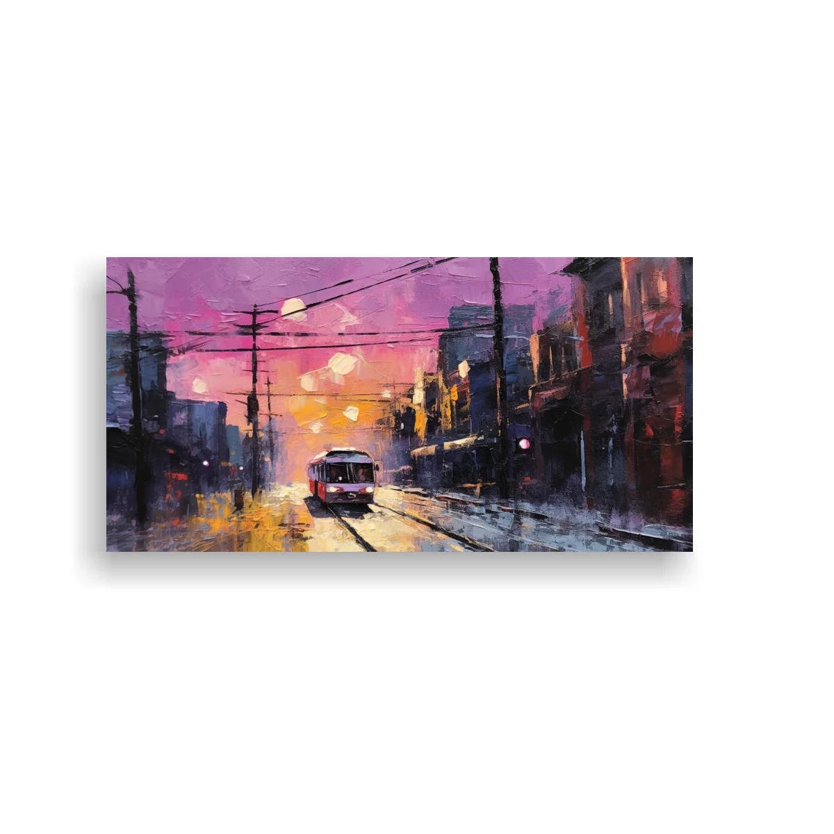 Cuadro tranvía urbano sobre vías al atardecer