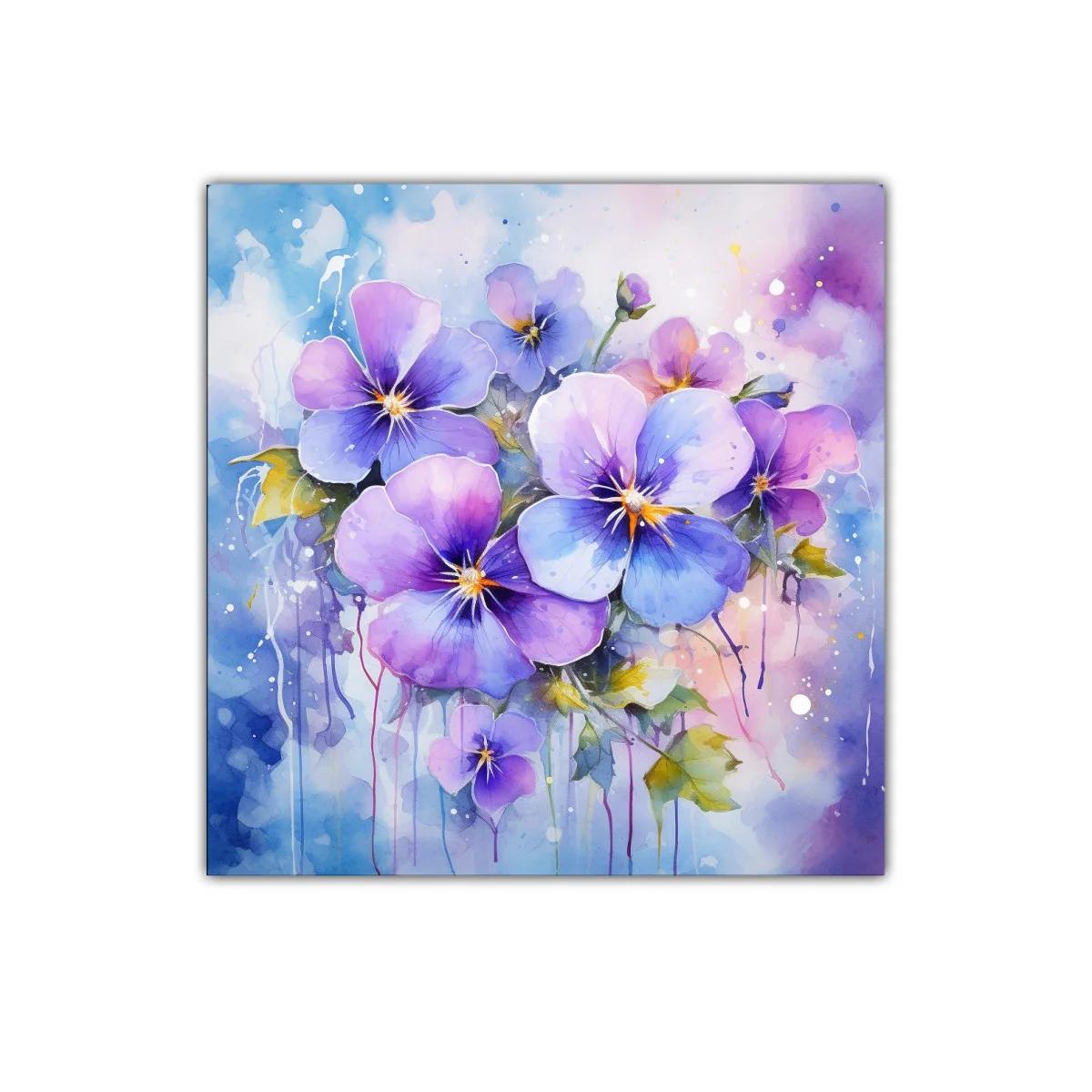 Cuadro con flores violetas y azules en tonos acuarela delicados