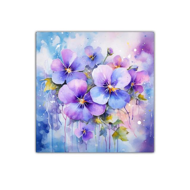 Cuadro con flores violetas y azules en tonos acuarela delicados