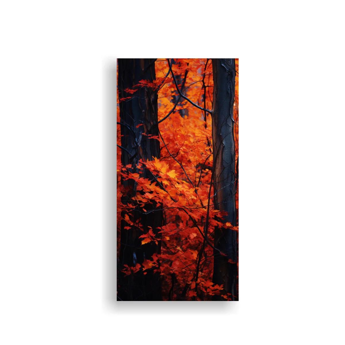 Cuadro bosque otoñal con ramas finas y follaje encendido
