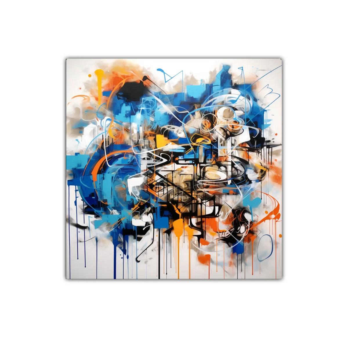 Cuadro Abstracto con Dinámicos Trazos en Azul y Naranja