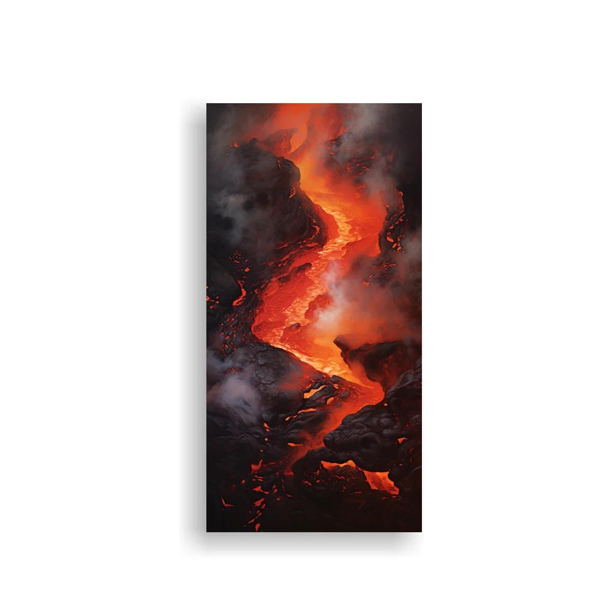 Cuadro río de lava con rocas oscuras y humo incandescente