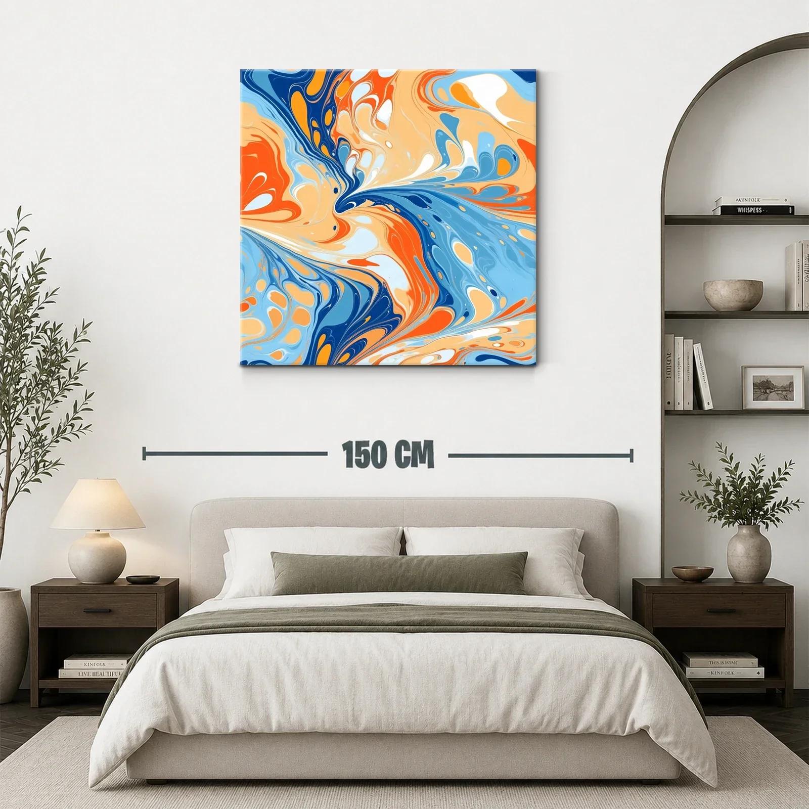 Cuadro abstracto con dinámicos remolinos en tonos cálidos y azules — miniatura 3