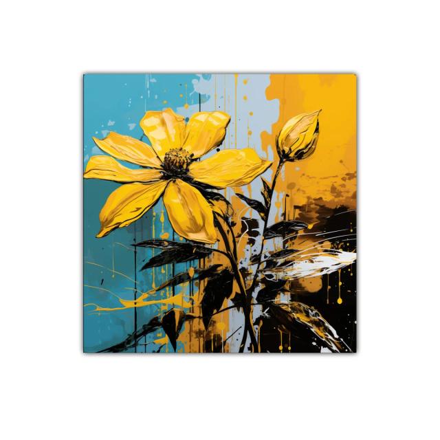 Flor amarilla vibrante sobre fondo azul y ocre