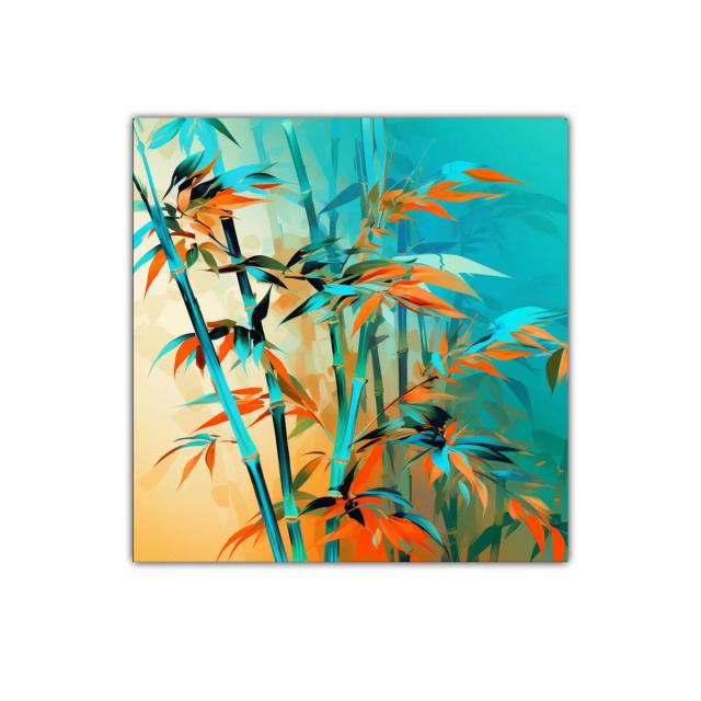 Cuadro decorativo con cañas y hojas en tonos turquesa y naranja