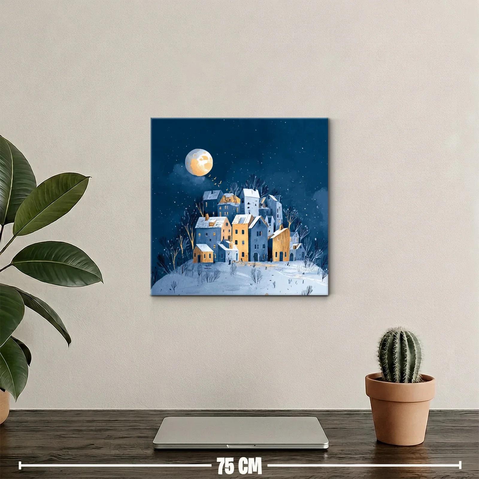 Paisaje nocturno con casas iluminadas y luna llena — miniatura 2
