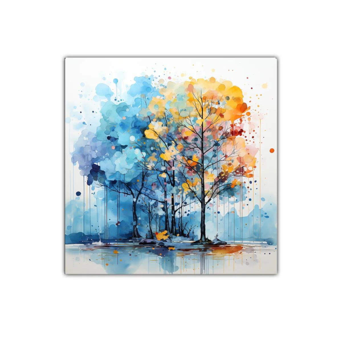 Bosque en colores vibrantes con contraste azul y dorado