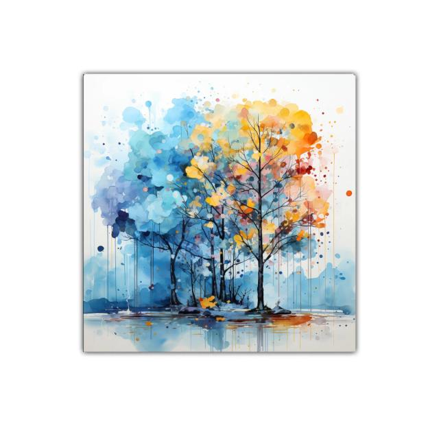 Bosque en colores vibrantes con contraste azul y dorado