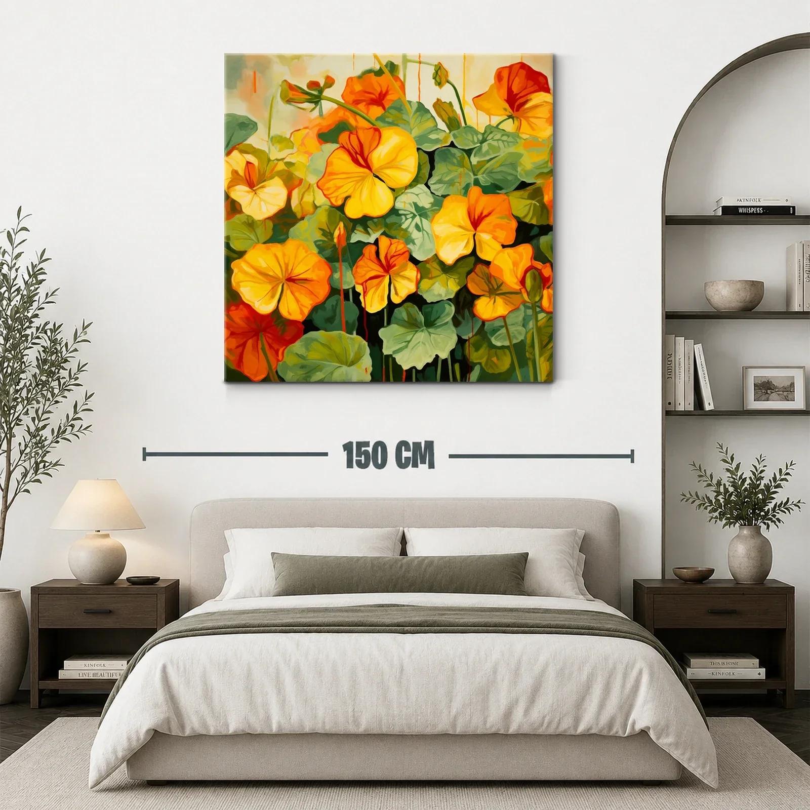 Cuadro vibrante con flores en tonos cálidos y hojas verdes — miniatura 3