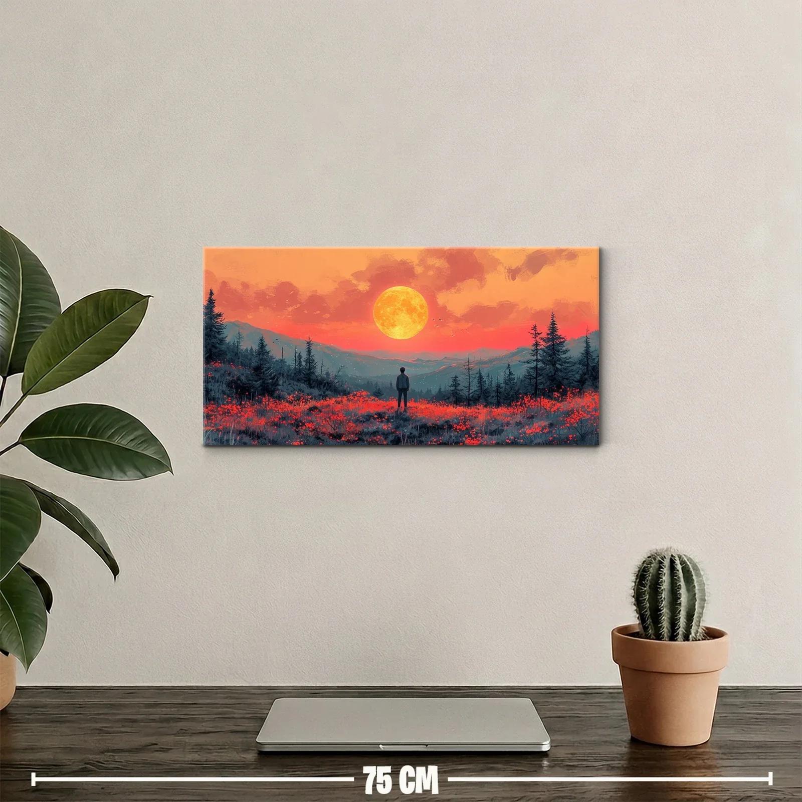Cuadro persona sola bajo una luna llena en paisaje de flores rojas — miniatura 2
