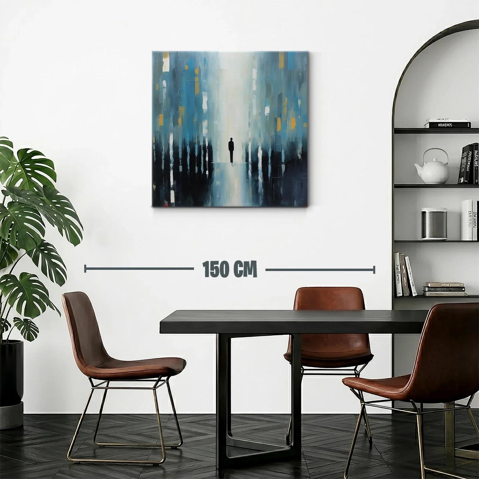 Cuadro abstracto figura solitaria en tonos azules y dorados — miniatura 2