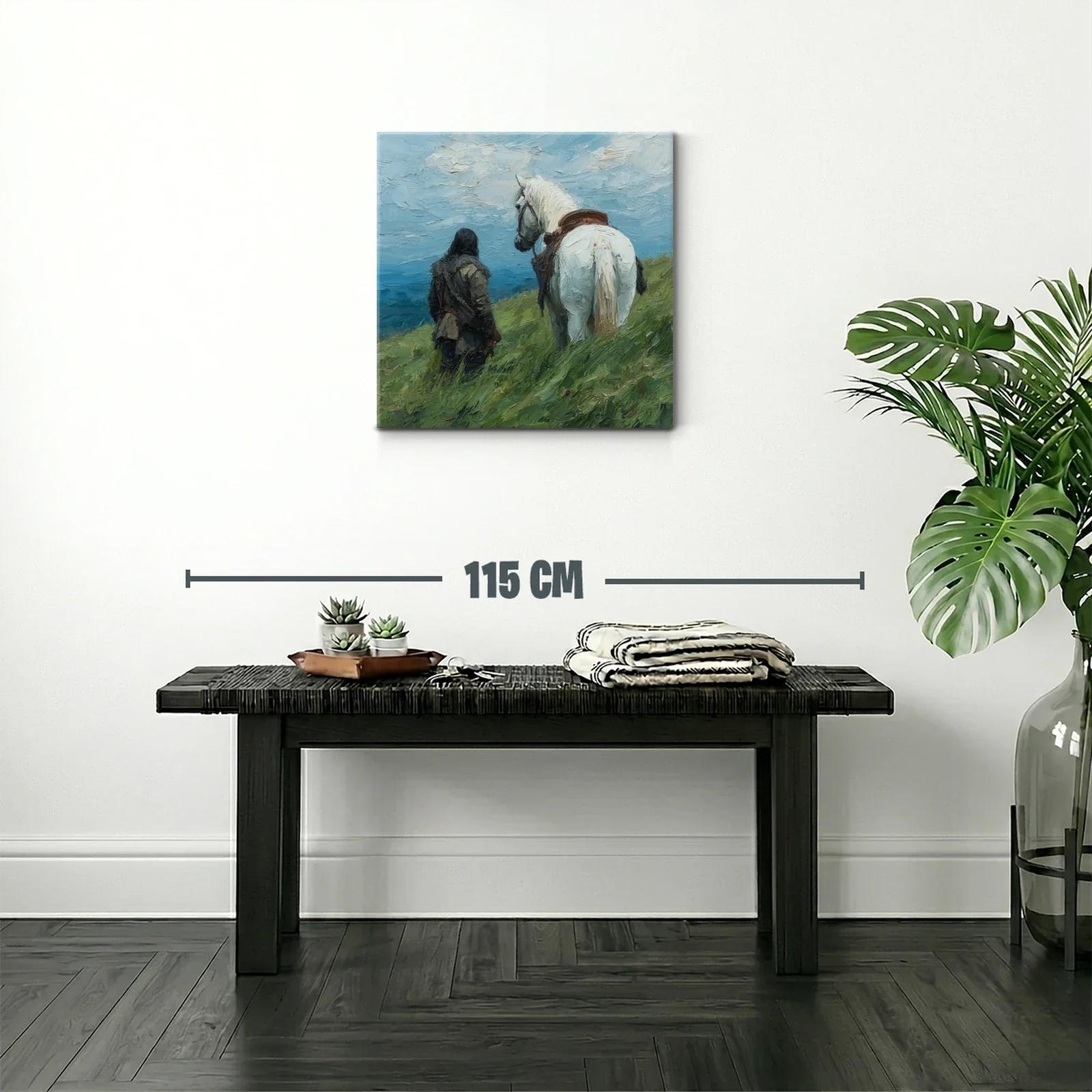 Escena Campestre con Jinete y Caballo Blanco en Paisaje Abierto — miniatura 2