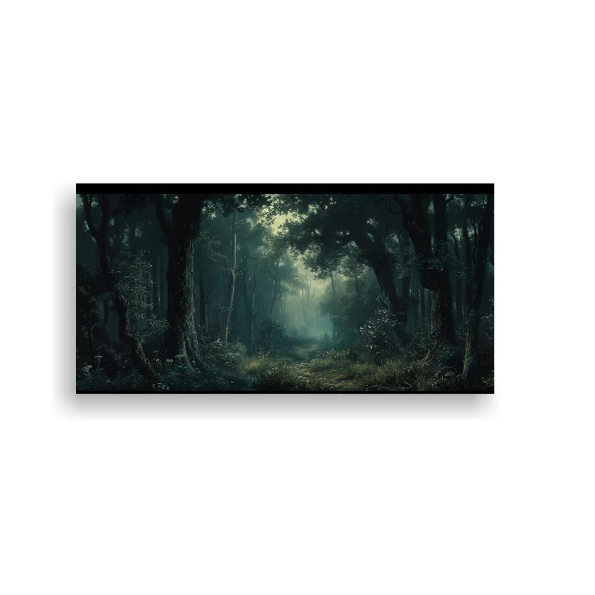 Cuadro sendero en bosque oscuro con sombras profundas
