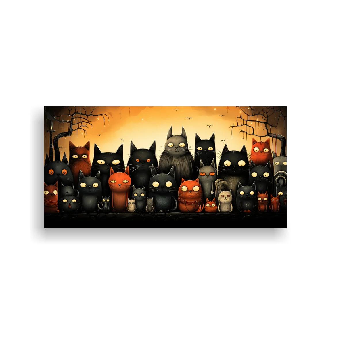 Cuadro grupo de gatos negros en franja panorámica — imagen principal