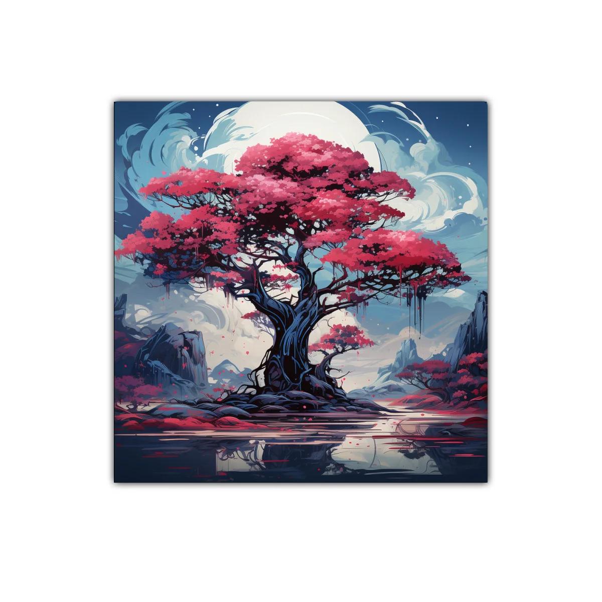 Árbol mágico con flores rosas bajo luna brillante