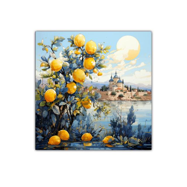 Cuadro decorativo con limoneros y paisaje mediterráneo al atardecer