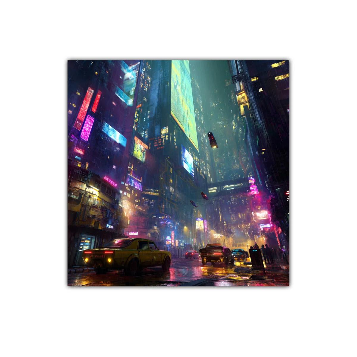 Ciudad futurista nocturna con luces de neón y tráfico urbano — imagen principal