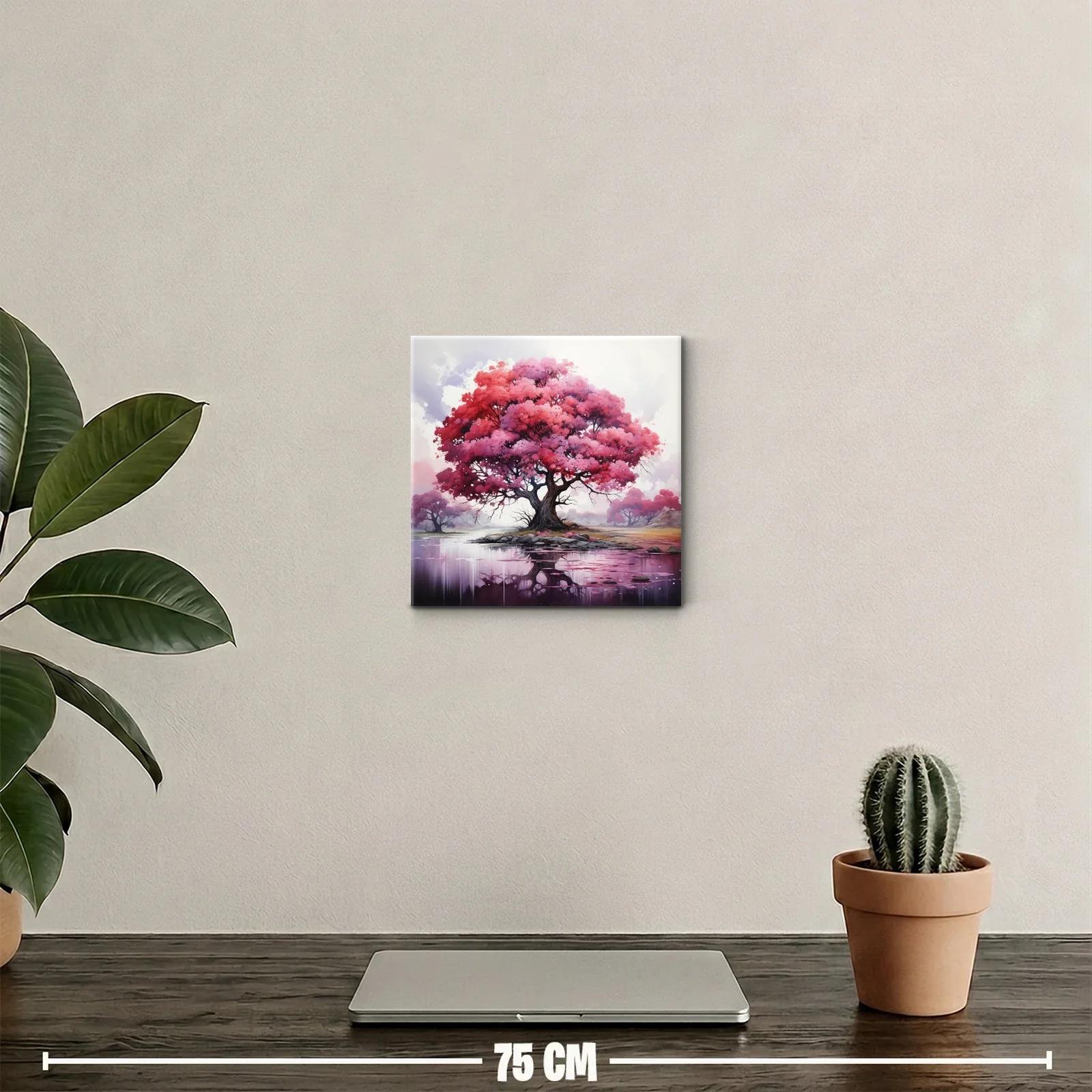 Árbol rosa con reflejo en lago sereno y místico — miniatura 2