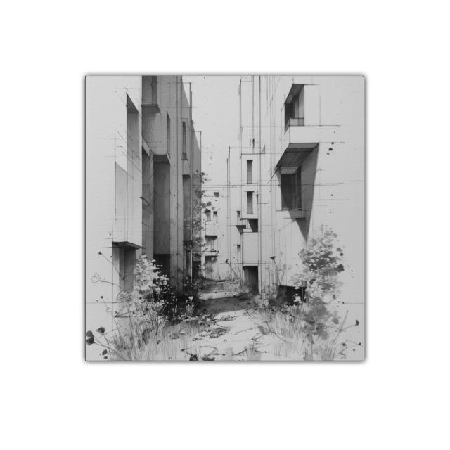 Escena Urbana Minimalista en Blanco y Negro con Vegetación