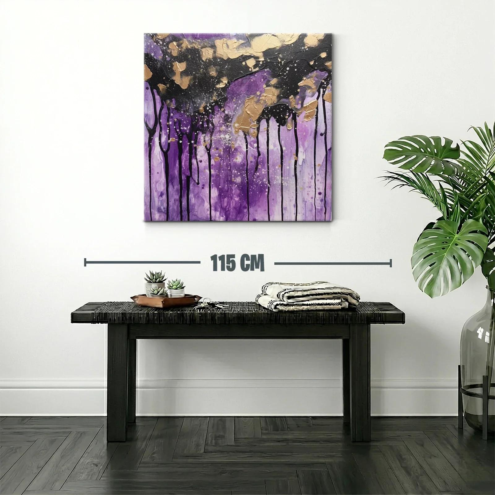 Cuadro abstracto con tonos violetas y detalles dorados — miniatura 2
