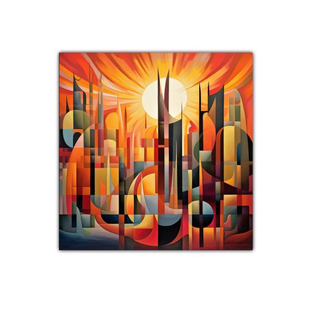Cuadro abstracto con formas geométricas y colores cálidos