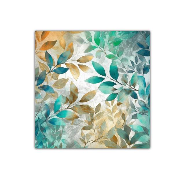 Cuadro decorativo con hojas en tonos azules y dorados