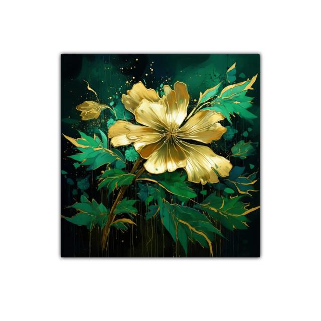 Flor dorada vibrante con hojas en tonos verdes intensos