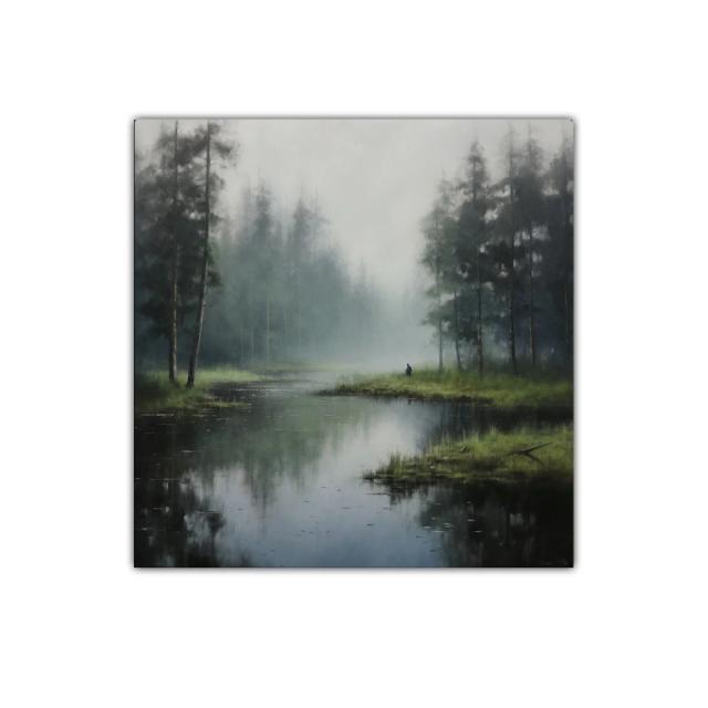 Paisaje brumoso con río y árboles al amanecer