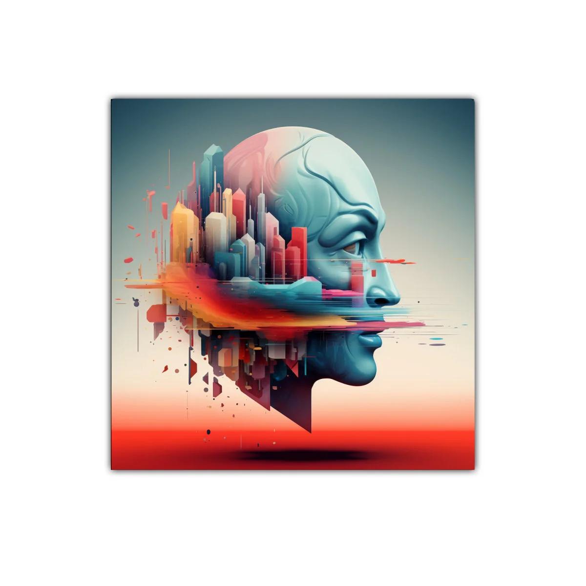 Rostro futurista con ciudad integrada en tonos vibrantes
