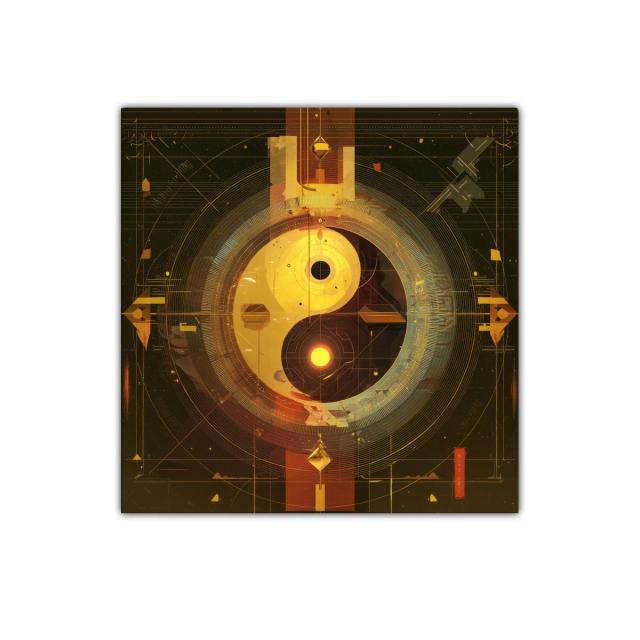 Cuadro contemporáneo con símbolo yin yang en tonos dorados