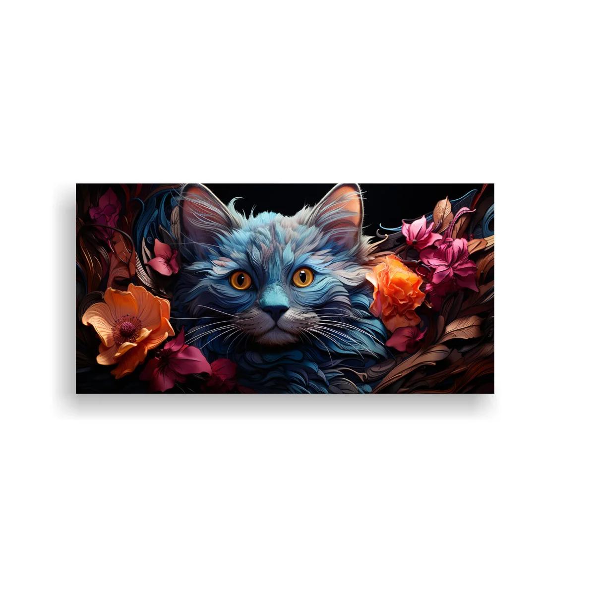 Cuadro gato azul de pelo largo entre flores