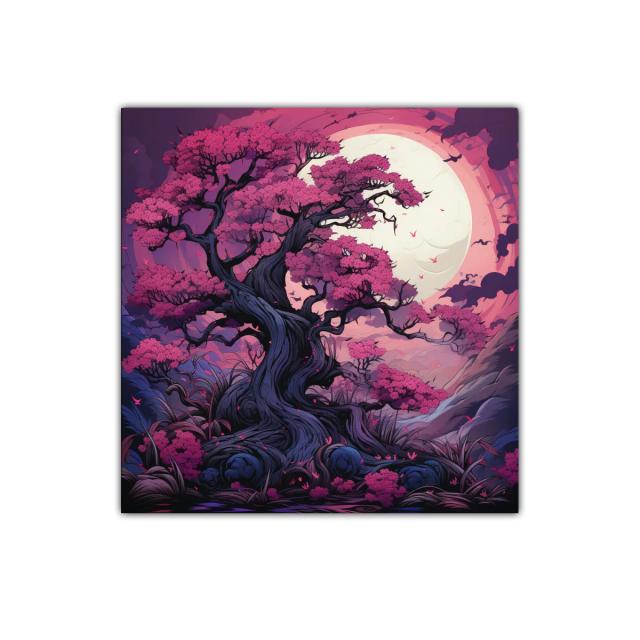 Árbol floreciente bajo luna llena en tonos vibrantes