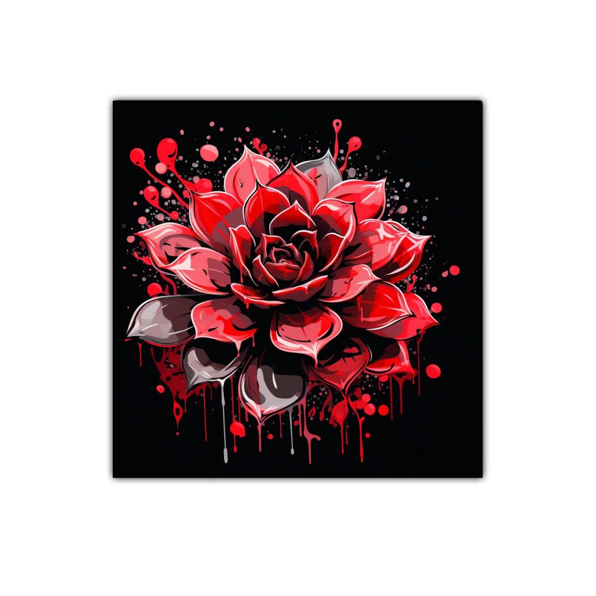 Impactante flor roja con efecto salpicado sobre fondo oscuro — imagen principal