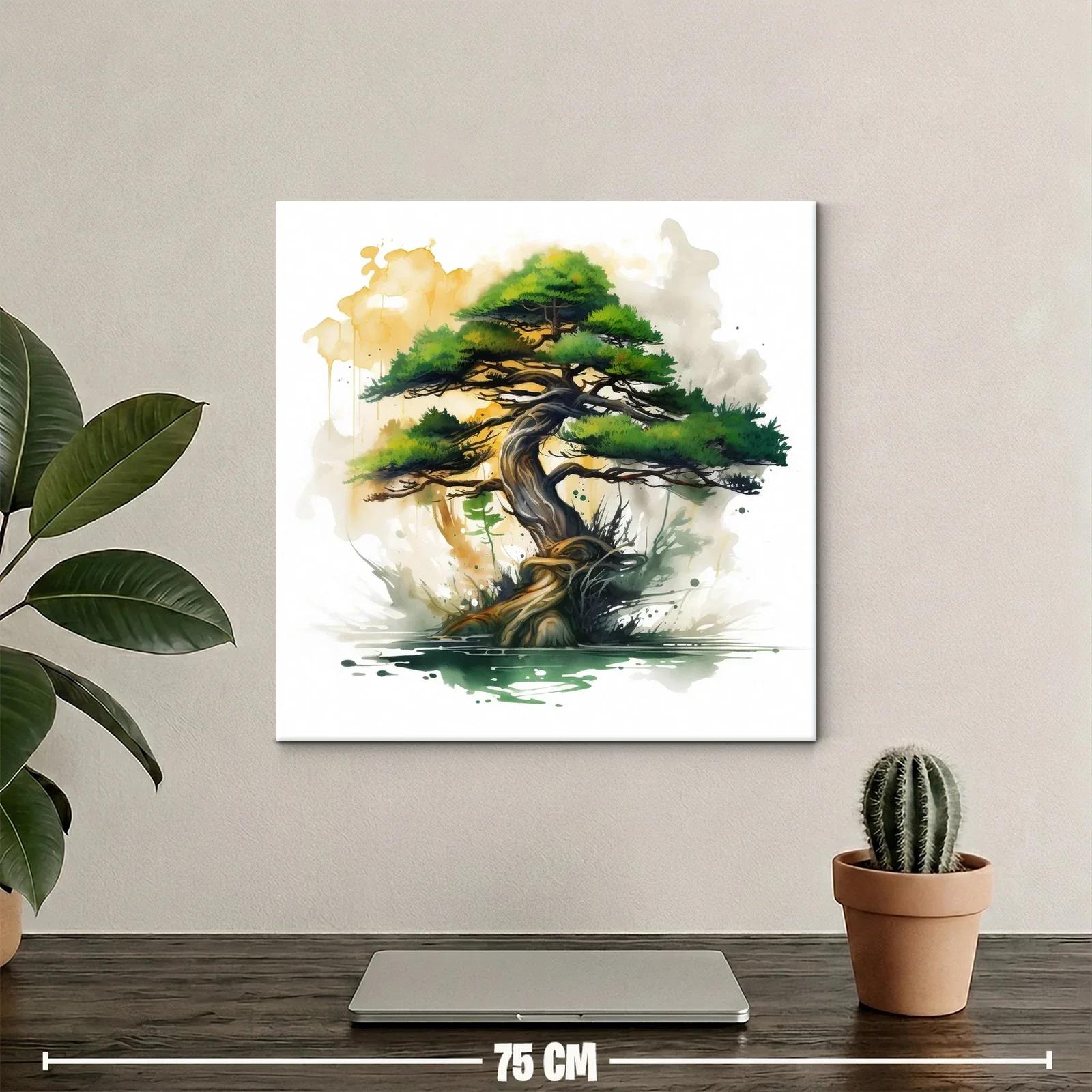 Árbol bonsái con tonos verdes y dorados en acuarela moderna — miniatura 2